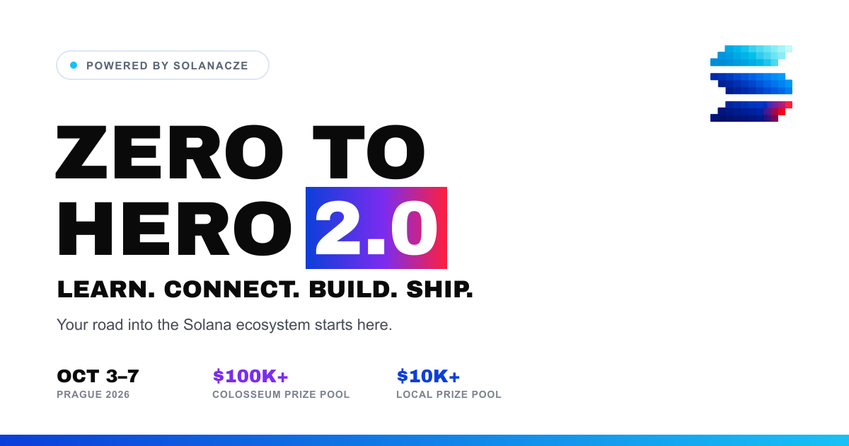 Zero to Hero 2.0 key art: learn, connect, build, ship. Your road into the Solana ecosystem starts here. October 3 to 7, Prague 2026, with a $100K+ Colosseum prize pool and a $10K+ local prize pool. Powered by SolanaCZE.