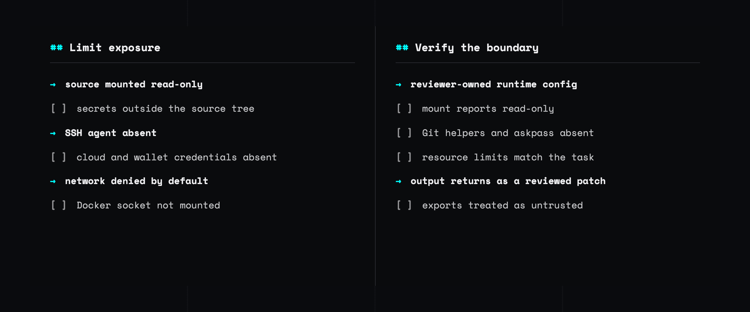 A first-pass repository review checklist separates exposure controls for source, credentials, and networking from boundary checks for mounts, agents, Git configuration, and exported output.